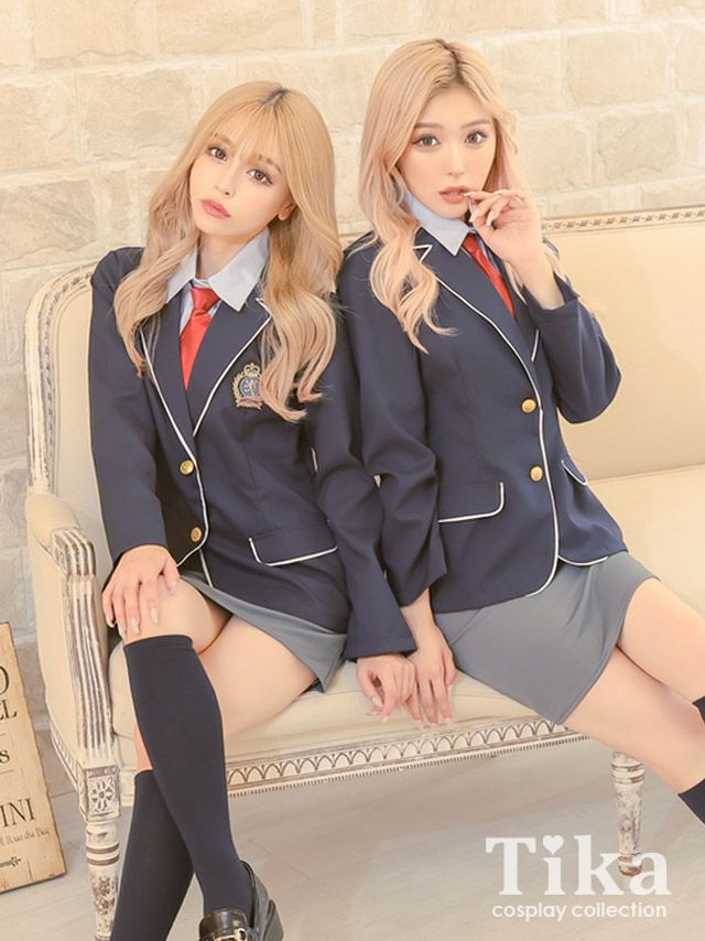 コスプレ ハロウィン 制服 学校 韓国 衣装 仮装 Tiia ティカ 袖ありタイトスカートパイピングペアスクールブレザー