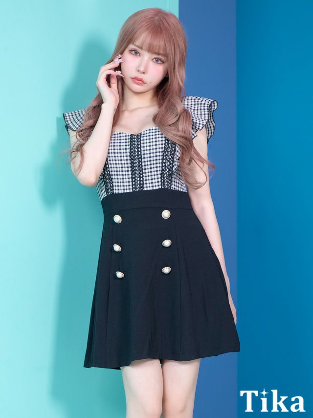 キャバドレスミニ丈 韓国 大きいサイズ ワンピース Tika ティカ ギンガムチェック柄フリル袖レースハイウエスト切替ダブルボタンフレアミニドレス