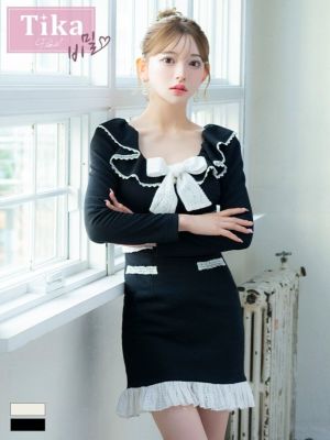 [韓国ドレス] 長袖 袖ありパイピングレース裾フリルモノトーンタイトミニドレス (Sサイズ～Lサイズ) (黒崎みさ/キャバドレス着用) [TikaPimil]