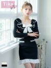キャバドレス ミニ丈 韓国 大きいサイズ ワンピース Tika ティカ 長袖ネックリボンパイピングレース裾フリルモノトーンタイトミニドレス