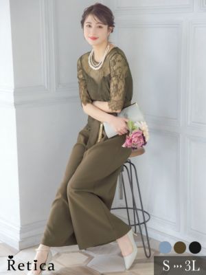 ウエストリボン付きフラワー5部袖レーストップスワイドパンツツーピース結婚式パーティードレス [Retica/レティカ]