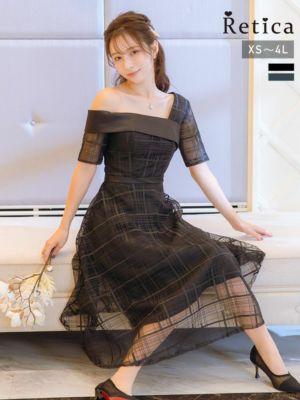 シアーチェックサテン切替フレア5部袖膝下ワンショルダー結婚式パーティードレス [Retica/レティカ]