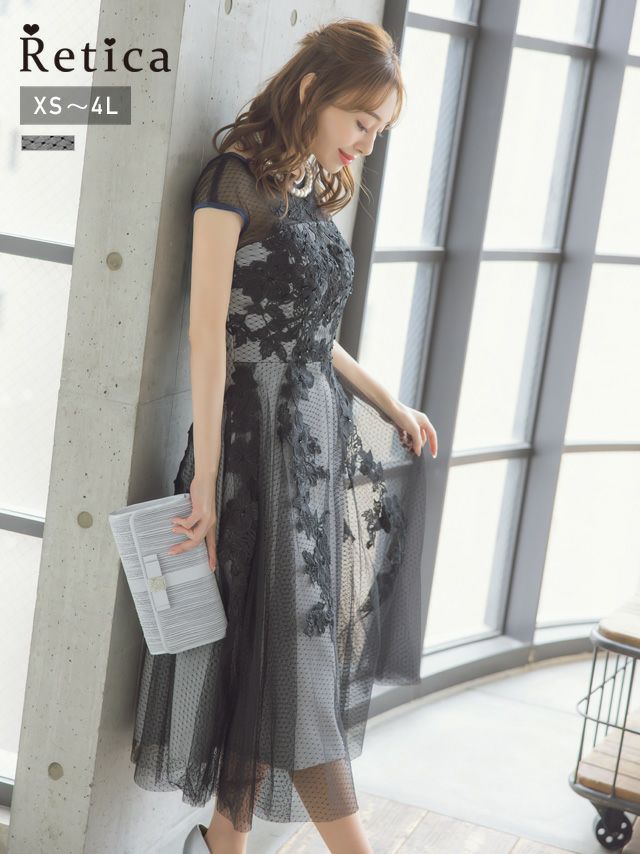 立体フラワー刺繍シースルー切替チュールフレアミモレ丈結婚式パーティードレス