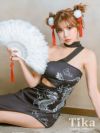 コスプレ ハロウィン チャイナ服 ドレス ワンピース 衣装 仮装 ドラゴンプリントカットアウトロング丈スリット風アシメセクシーブラックチャイナドレス