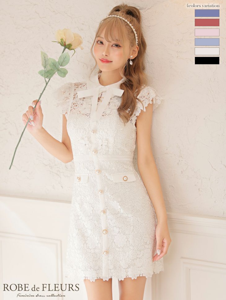 ROBEdeFLEURS ローブドフルール 高級リボン襟付きバイカラーフラワー刺繍レースノースリーブタイトミニドレス