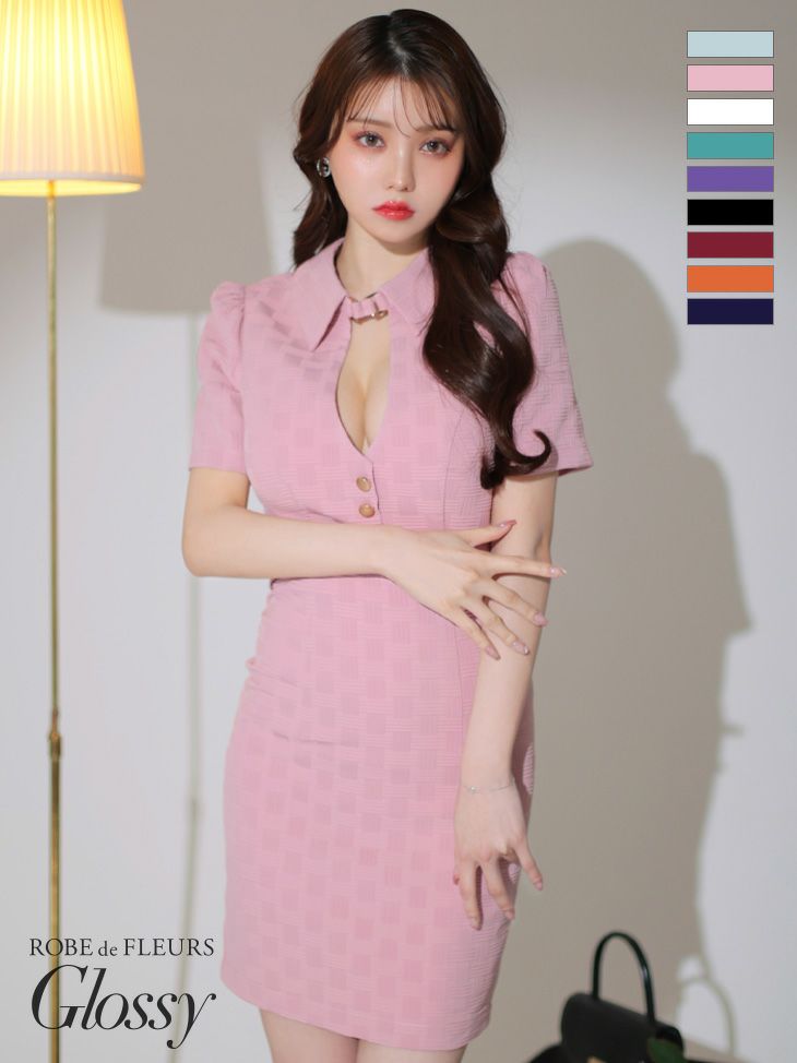 ROBEdeFLEURSGlossy ローブドフルールグロッシー 高級セクシージッパーウエストカットワンカラーバストカット襟付きタイト半袖タイトミニドレス