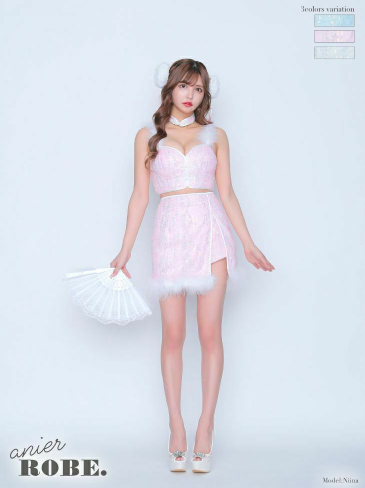 キラキラファースリットセットアップチャイナドレスドレス チョーカー ヘッドアクセ