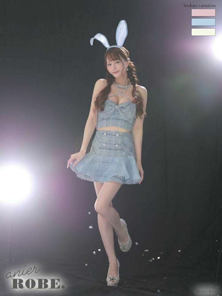 コスプレツイードバストクロスリボンチョーカーセットアップフレアミニドレスバニーアニマルドレス カチューシャ
