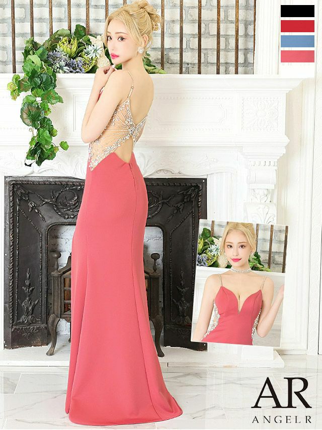 Angel-R エンジェルアール 高級バックビジューワンカラースリットキャミソールタイトロングドレス