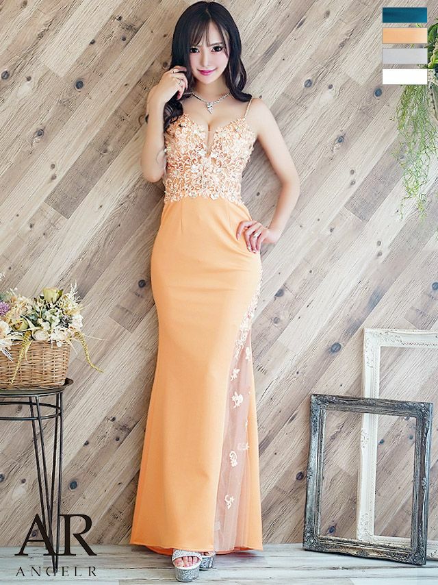 Angel-R エンジェルアール 高級セクシーレースフラワー刺繍スリットキャミソールタイトロングドレス