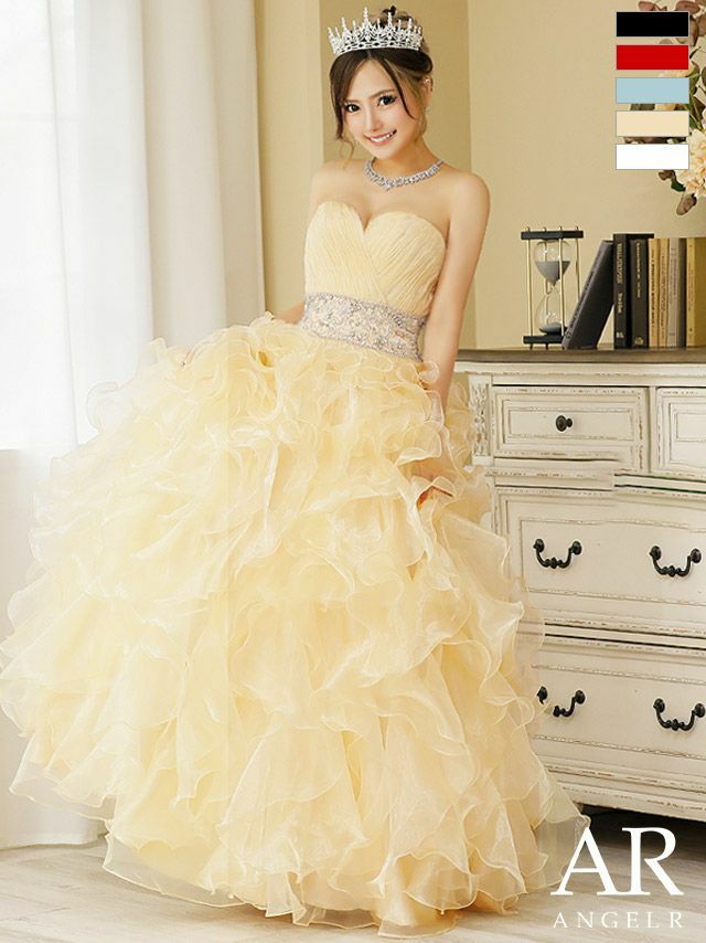 Angel-R エンジェルアール 高級ボリュームフリルプリンセスビジューキャミソールフレアロングバースデードレス