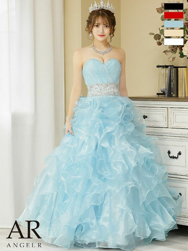 Angel-R エンジェルアール 高級フリルボリュームプリンセスビジューキャミソールフレアロングバースデードレス
