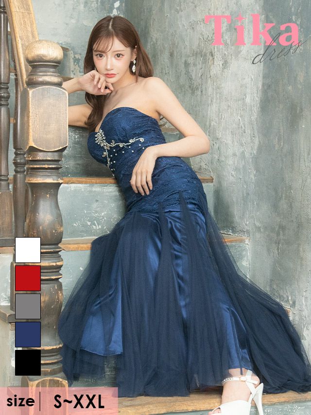 キャバドレス ロング丈 大きいサイズ Tika ティカ ハートカットベアスカラップレースビジューマーメイドチュールタイトロングドレス