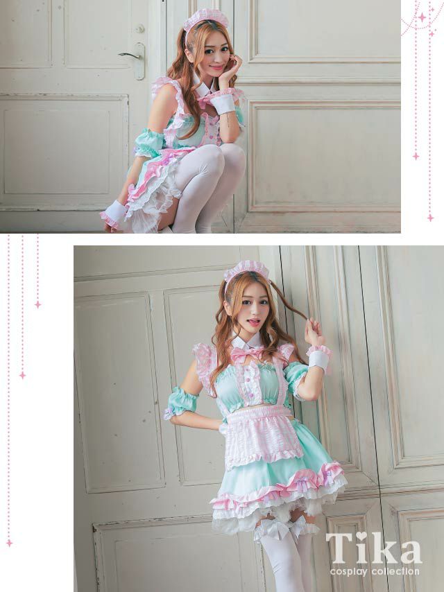 メイド風ギンガムチェックセクシーペアへそ出しフレアスカートバニーガール コスプレ] ギンガムチェックラブリーフリルリボンフレアスカート