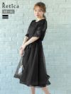 シースルー立体フラワー刺繍チュールフレアミモレ丈ハーフスリーブ結婚式パーティードレス