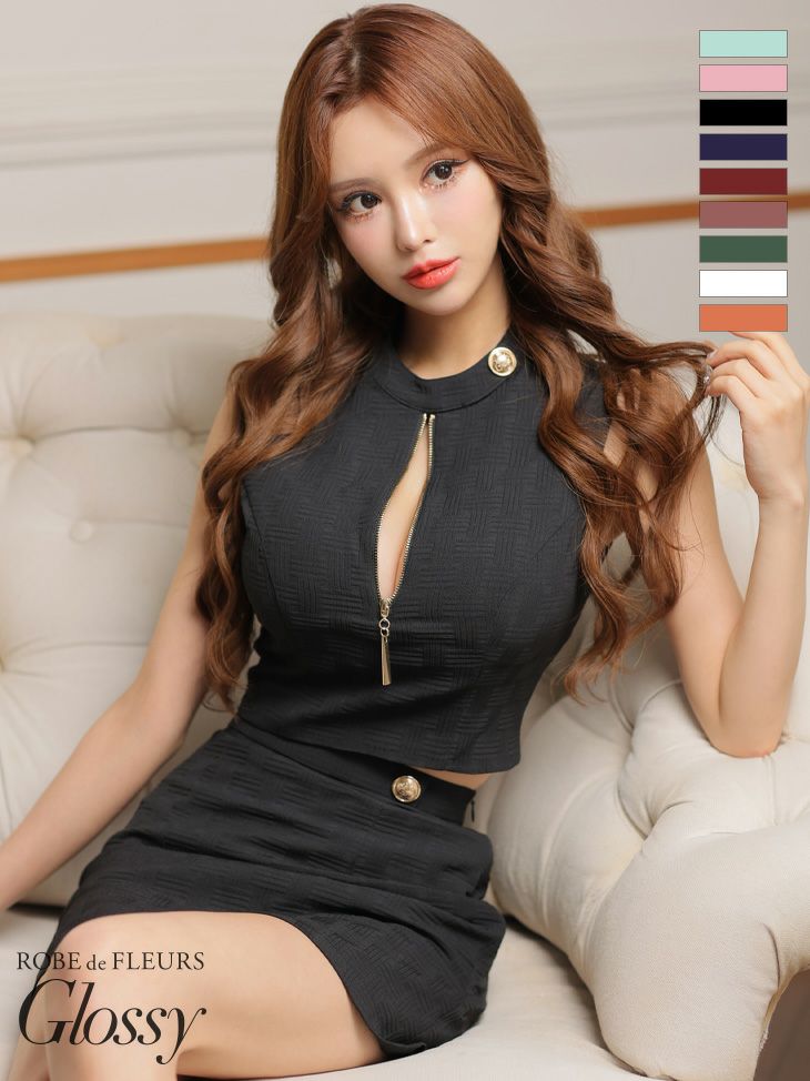 [ROBEdeFLEURSGlossy/ローブドフルールグロッシー] 高級ジップシンプルワンカラーストレッチノースリーブセットアップタイトミニドレス