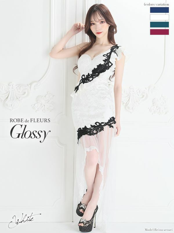 ROBEdeFLEURSGlossy ローブドフルールグロッシー 高級フリル刺繍デザインくびれワンショルダータイトロングテールドレス