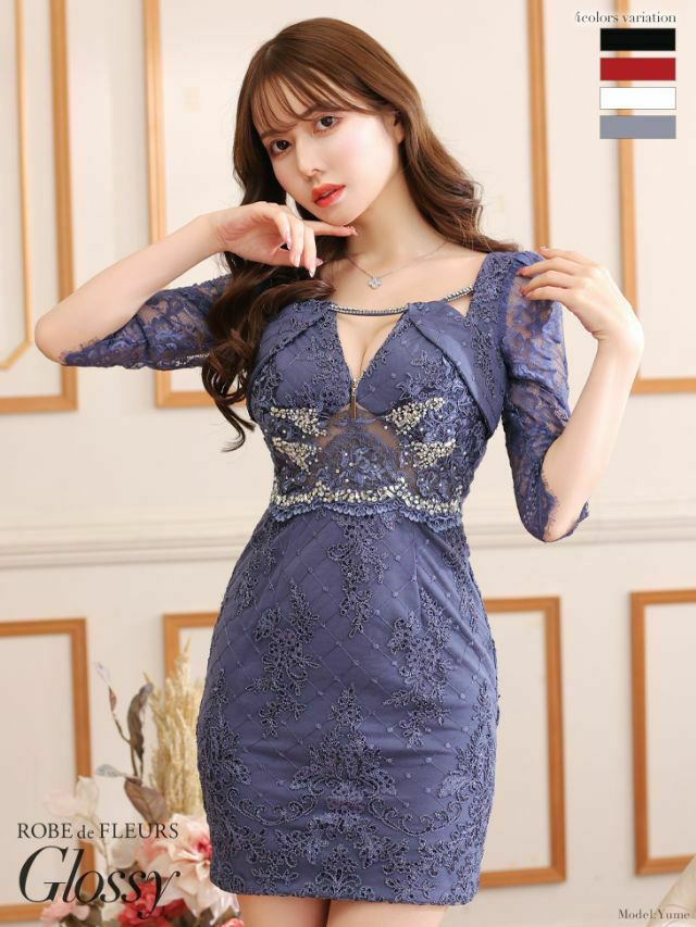 ROBEdeFLEURSGlossy ローブドフルールグロッシー 高級バストカットジップウエストシースルービジューレース袖ありタイトミニドレス