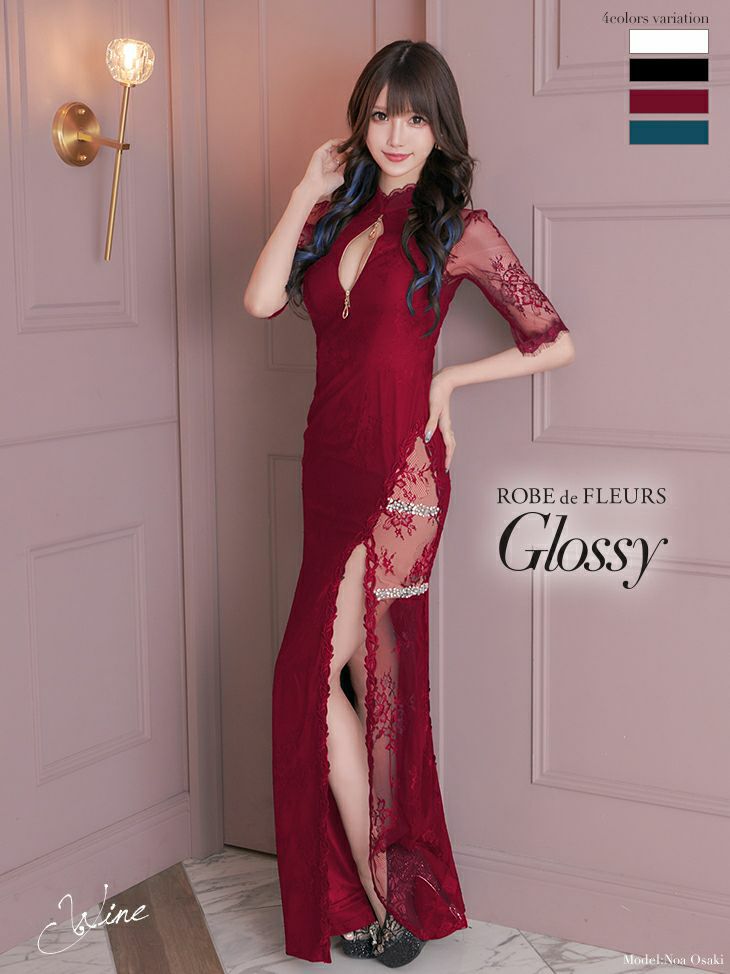 ROBEdeFLEURSGlossy ローブドフルールグロッシー 高級ハイネックアメリカンスリーブフロントジップサイドチュール切替袖ありタイトロングドレス