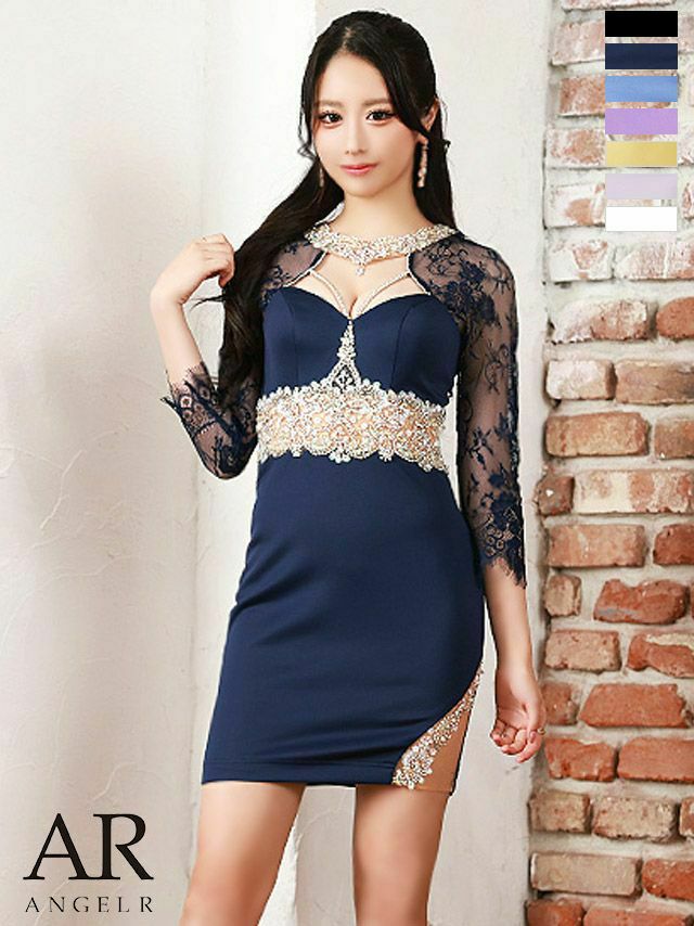 Angel-R エンジェルアール 高級デコルテウエストスパンコールアメリカンスリーブビジュー長袖タイトミニドレス