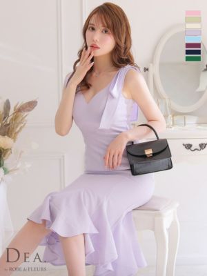 予約商品【7月中旬入荷予定】[DEA.byROBEdeFLEURS/ディアバイローブドフルール] 高級ワンカラーショルダーリボンマーメイドフリルノースリーブワンピースタイト膝丈ドレス