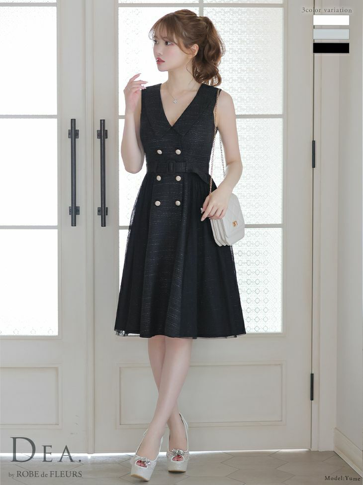 DEA.byROBEdeFLEURS ディアバイローブドフルール 高級ノースリーブトレンチツイードフレア膝丈ワンピースドレス