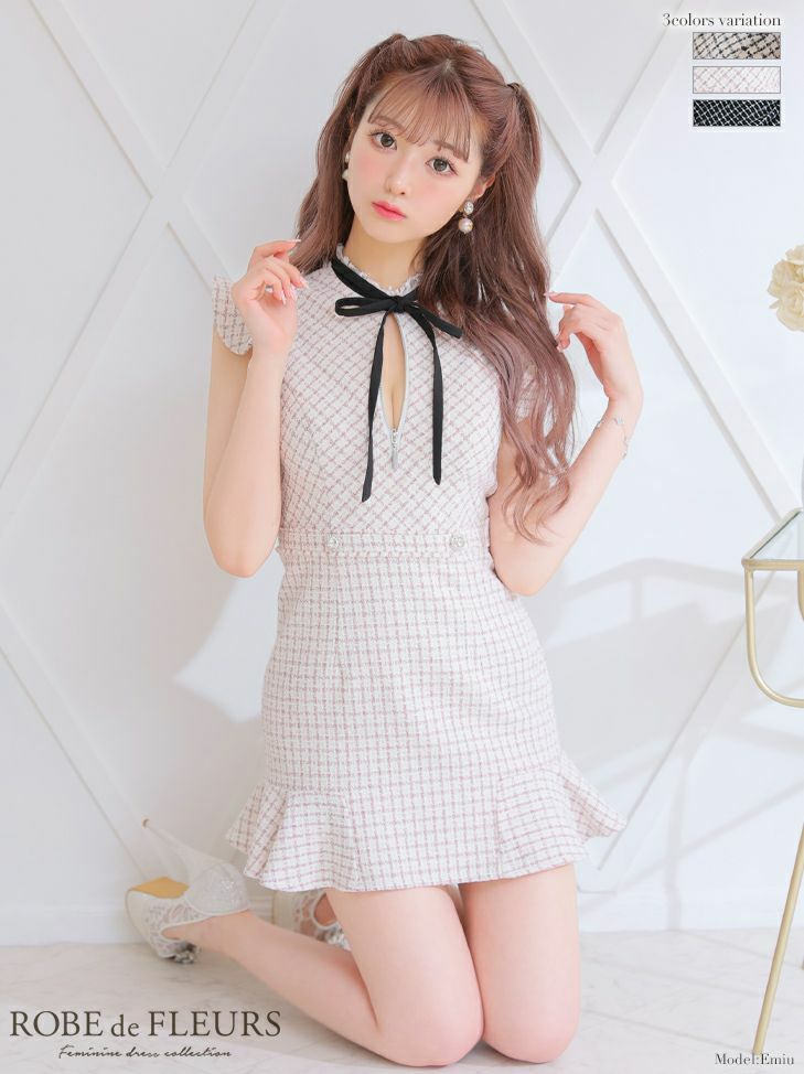ROBEdeFLEURS ローブドフルール 高級ネックリボンバストジップノースリーブフリル袖チェック柄ツイードノースリーブ台形ミニドレス