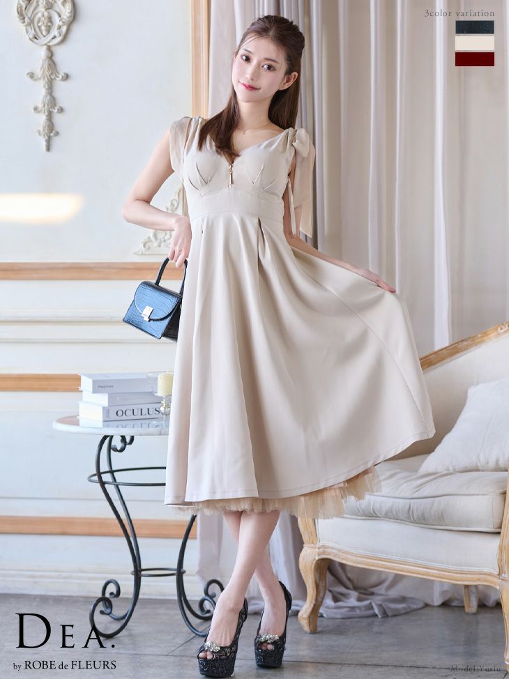 DEA.byROBEdeFLEURS ディアバイローブドフルール 高級ショルダーリボンフロントジップチュールノースリーブフレアワンピース膝丈ドレス