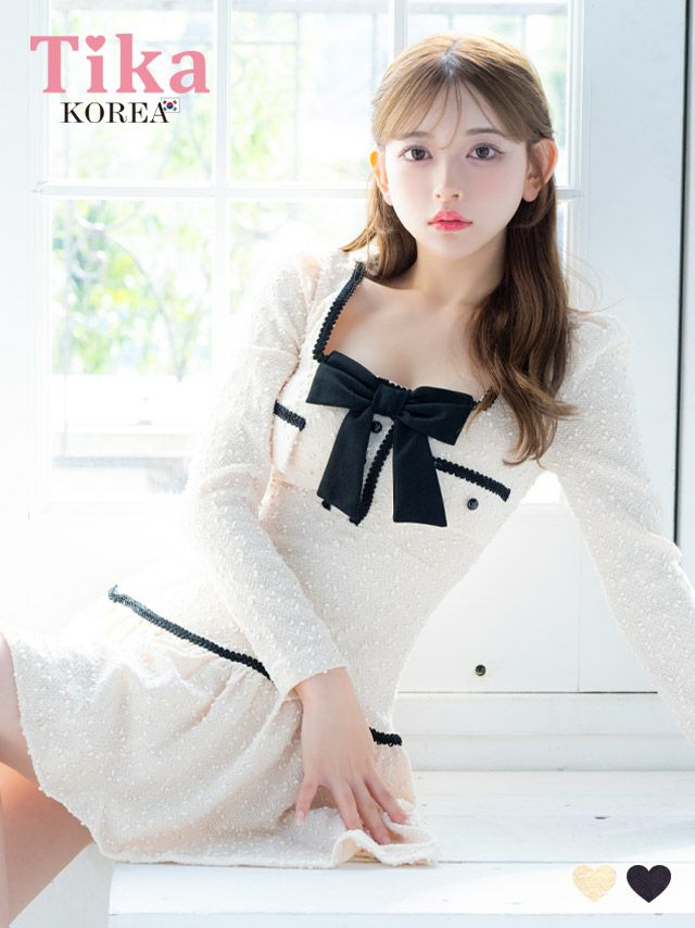 キャバドレス 韓国 ミニ丈 大きいサイズ 袖あり Tika ティカ 長袖パイピングネックリボンニットフリルフレアミニドレス