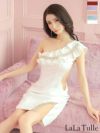 Angel-R エンジェルアール 高級パールビジュー胸元フリルデザインワンショルダーサイドカットくびれタイトミニドレス