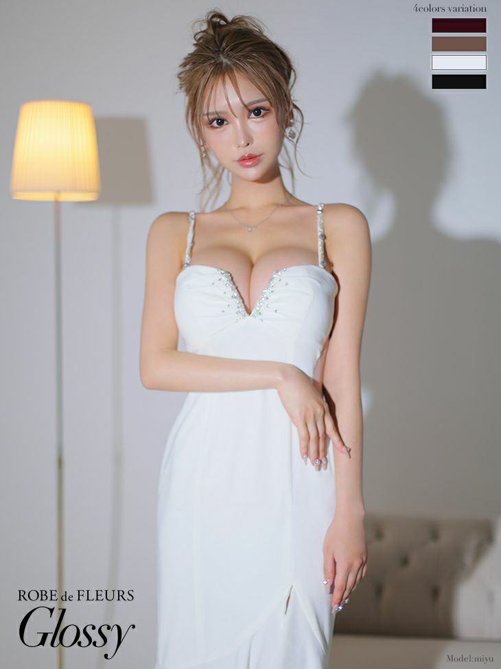 ROBEdeFLEURSGlossy ローブドフルールグロッシー 高級サイドスリットフリルバストビジューキャミソールマーメイドロングドレス