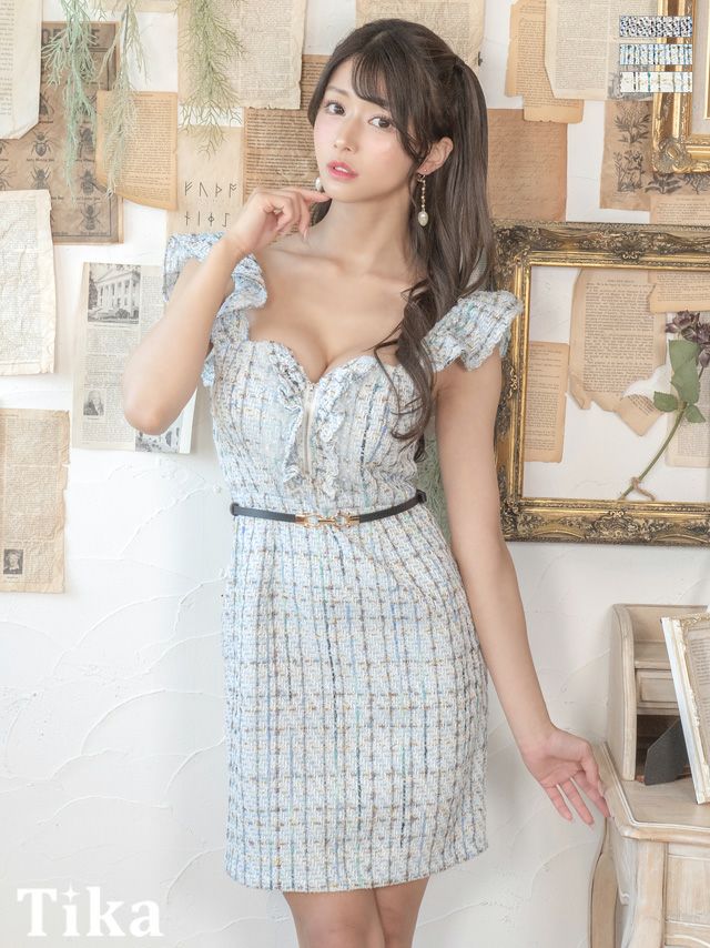 キャバドレス ミニ丈 大きいサイズ ワンピース Tika ティカ ウエストベルト付きノースリーブフリル袖バストジップツイードチェック柄タイトミニドレス