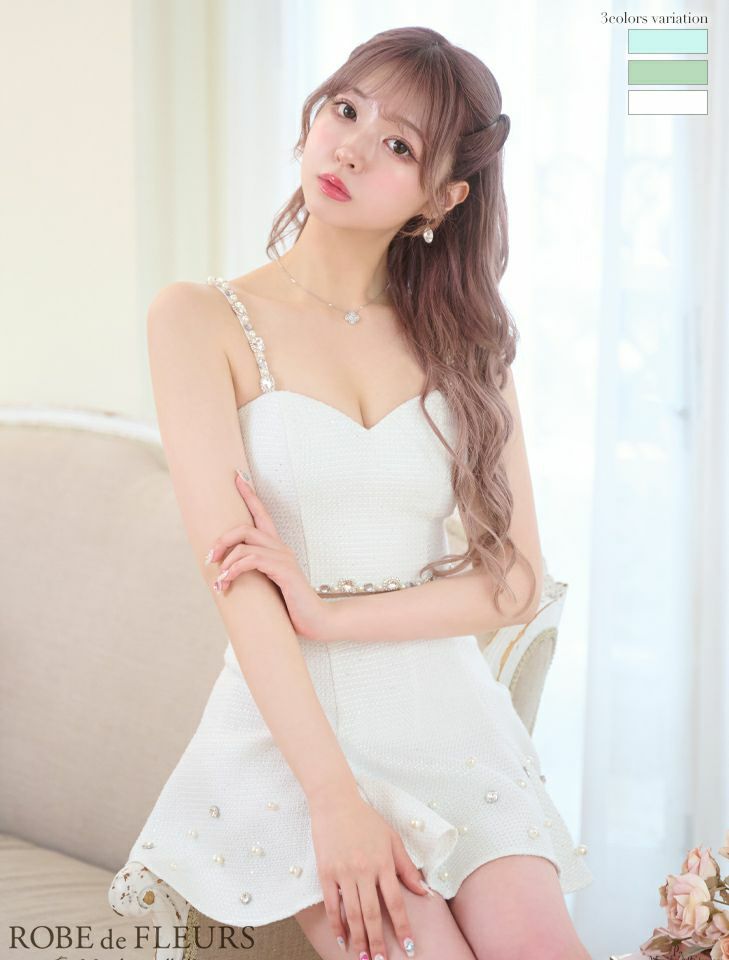 ROBEdeFLEURS ローブドフルール 高級ラメツイードセットアップゴージャスビジューパールキャミソールフレアミニドレス