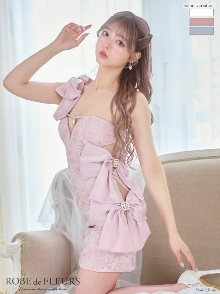 ROBEdeFLEURS ローブドフルール 高級フラワー刺繍レースサイドリボンワンショルダータイトミニドレス