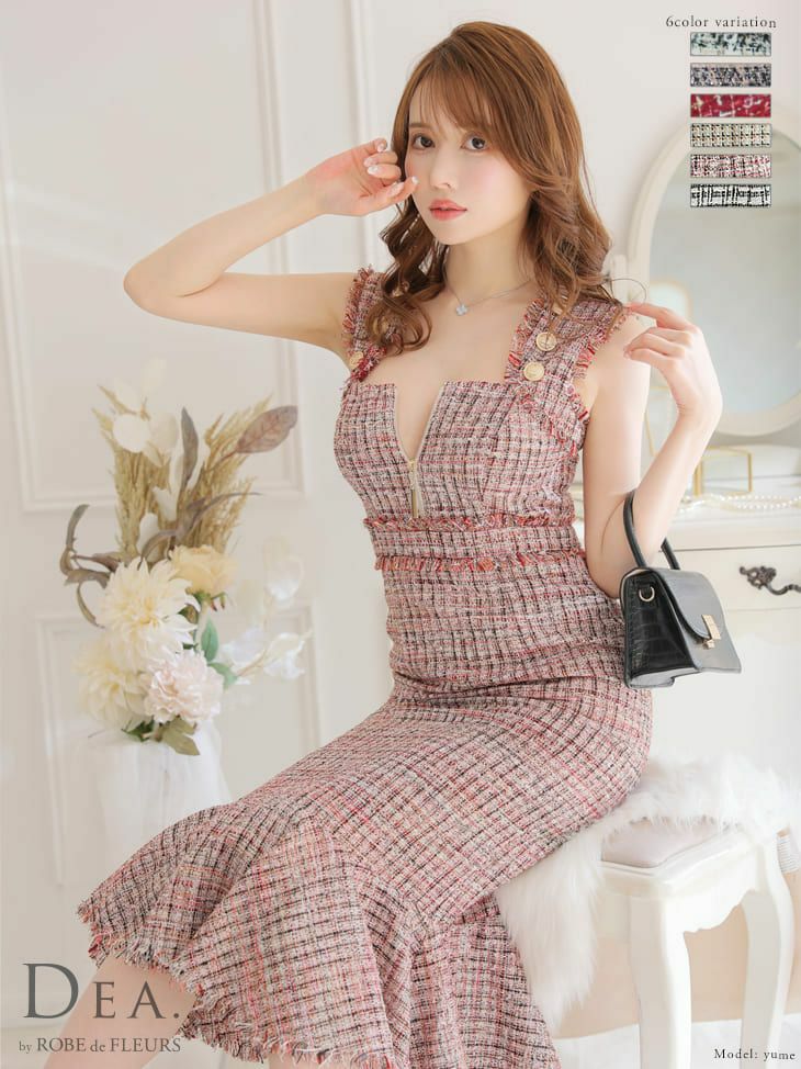 DEA.byROBEdeFLEURS ディアバイローブドフルール 高級フリンジツイードバストジップショルダーボタンワンピースウエスト切替フリルノースリーブタイト膝丈ドレス