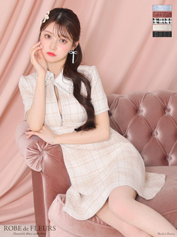 ROBEdeFLEURS ローブドフルール 高級ビジュー襟ツイードバストジップ半袖ワンピースフレアミニドレス