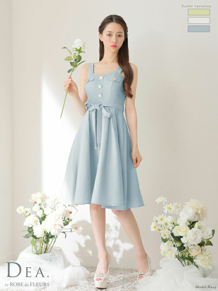 DEA.byROBEdeFLEURS ディアバイローブドフルール 高級ベルト付きハートカットフロントボタンツイードノースリーブフレア膝丈ドレス