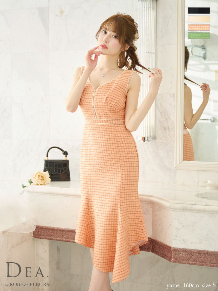 DEA.byROBEdeFLEURS ディアバイローブドフルール 高級パイピングツイードバストジップワンピースハイウエスト切替アシメマーメイドノースリーブフレア膝丈ドレス
