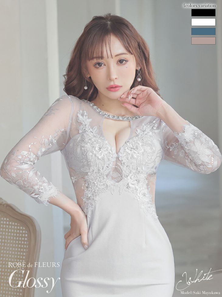 ROBEdeFLEURSGlossy ローブドフルールグロッシー 高級バストカット長袖フラワー刺繍レースウエストチュール切替タイトミニドレス