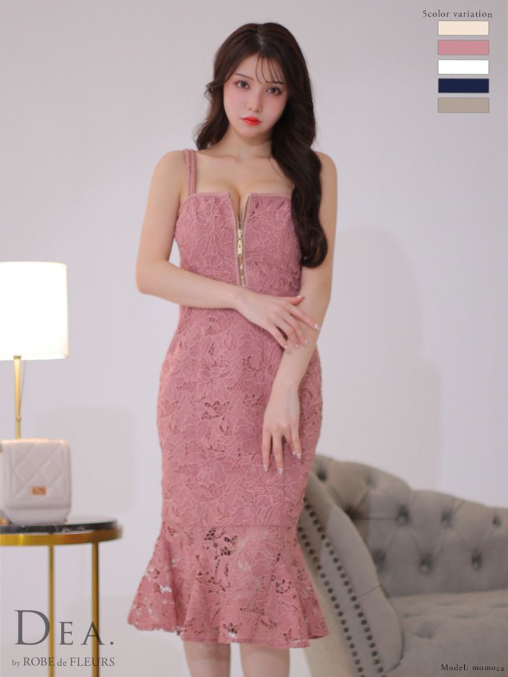 DEA.byROBEdeFLEURS ディアバイローブドフルール 高級ケミカルレースジッパー×フリルマーメイドキャミソール膝丈ドレス