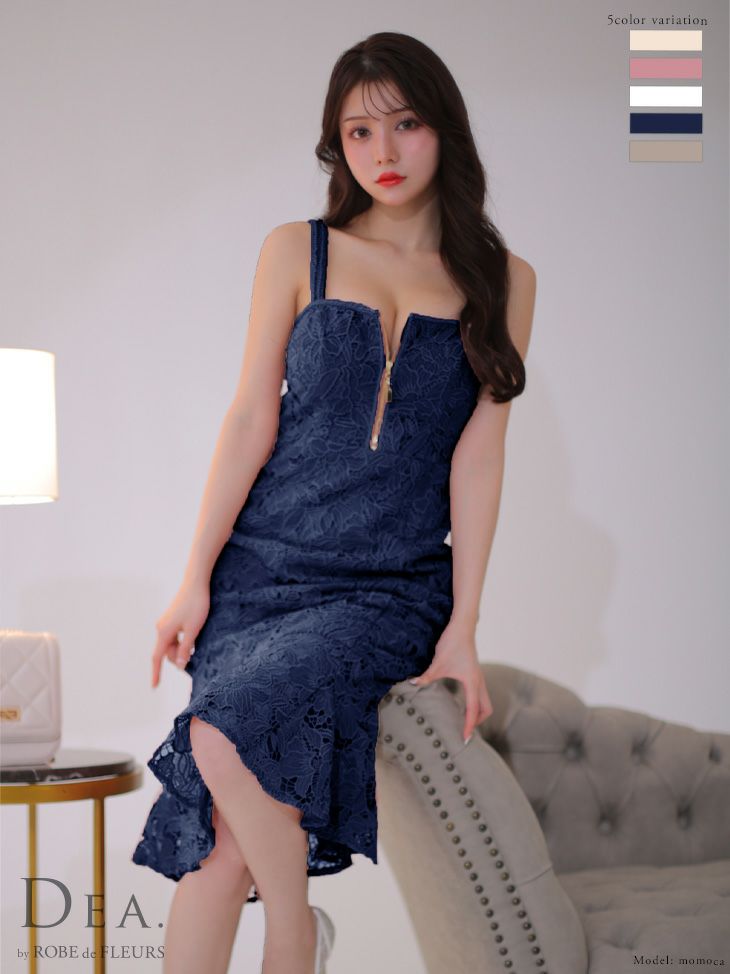 DEA.byROBEdeFLEURS ディアバイローブドフルール 高級ケミカルレースジッパー×フリルマーメイドキャミソール膝丈ドレス