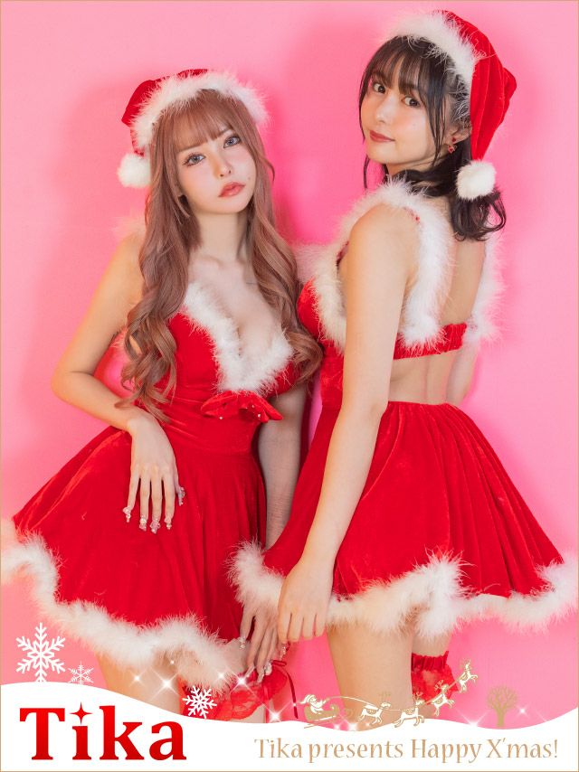 コスプレ サンタ クリスマス 衣装 仮装 サンタクロース 赤 パールリボン付きバックオープンふわふわフェザーフレアサンタコスプレ