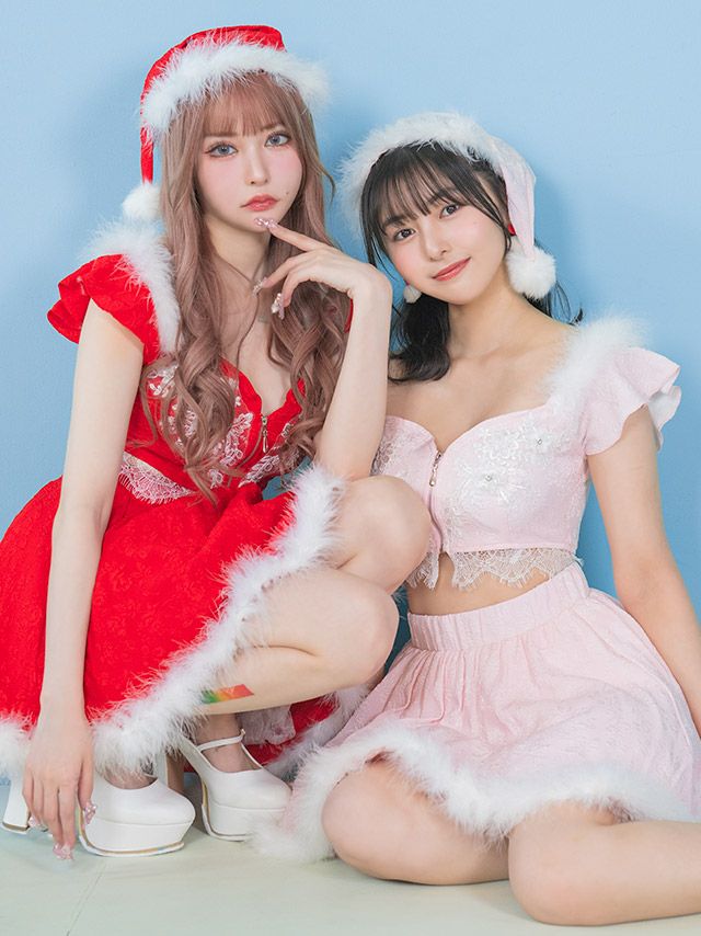 サンタコス 3点set フロントジップショートトップス×フレアミニスカートジャガードふわふわセパレートフラワーレースサンタコスプレドレス [トップス+スカート+サンタ帽子]