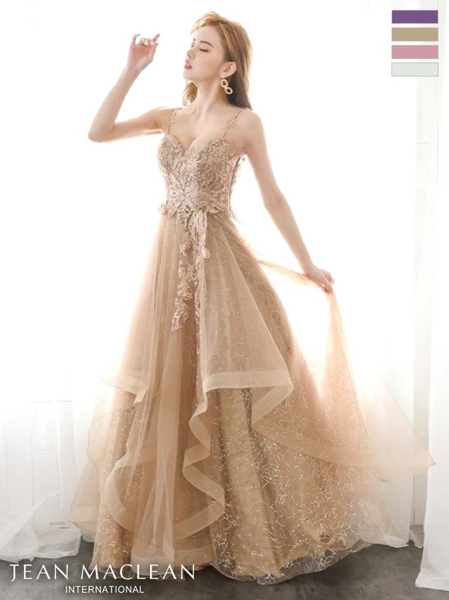 キャバドレス ロングドレス [JEANMACLEAN/ジャンマクレーン] 高級エレガント刺繍キャミソールスパンコールレースチュールロングバースデードレス