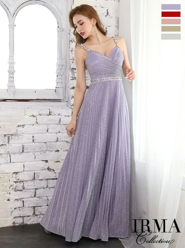 キャバドレス ロングドレス IRMA イルマ 高級ラメビジューキャミソールプリーツキャミソールフレアロングドレス