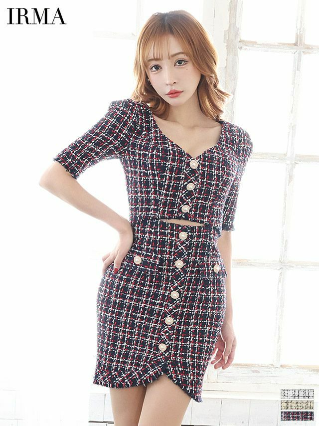 キャバドレス ミニドレス [IRMA/イルマ] 高級ツイードチェック柄ウエストカット袖ありタイトミニドレス