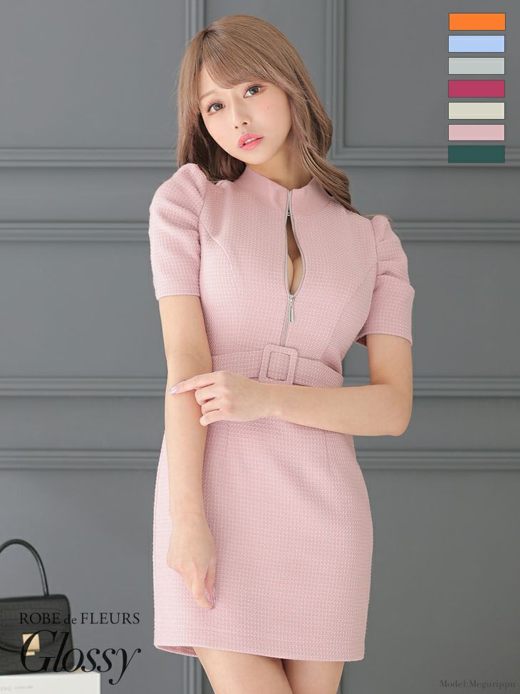 キャバドレス ミニドレス [ROBEdeFLEURSGlossy/ローブドフルールグロッシー] 高級バストフロントジップパフスリーブツイードウエストベルト半袖タイトミニドレス