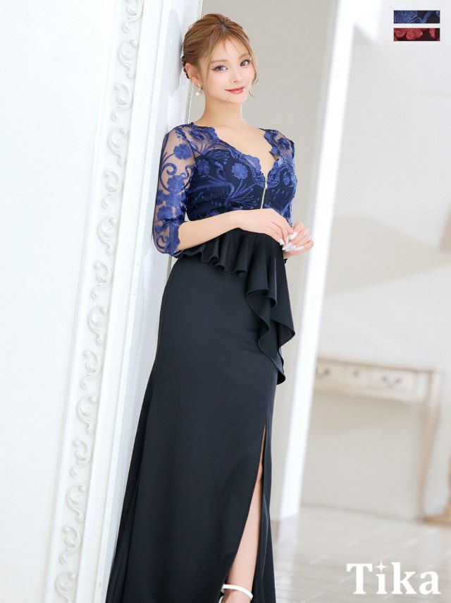 キャバドレス ロング丈 大きいサイズ タイト ロングドレス 袖あり ペプラム 体型カバー