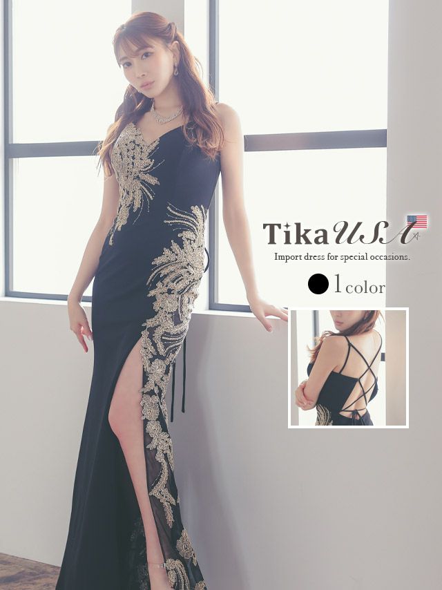 キャバドレス ロング丈 インポート バースデー イベント ゴールドリーフ刺繍ビジュークリスクロスバックレスタイトロングバースデードレス