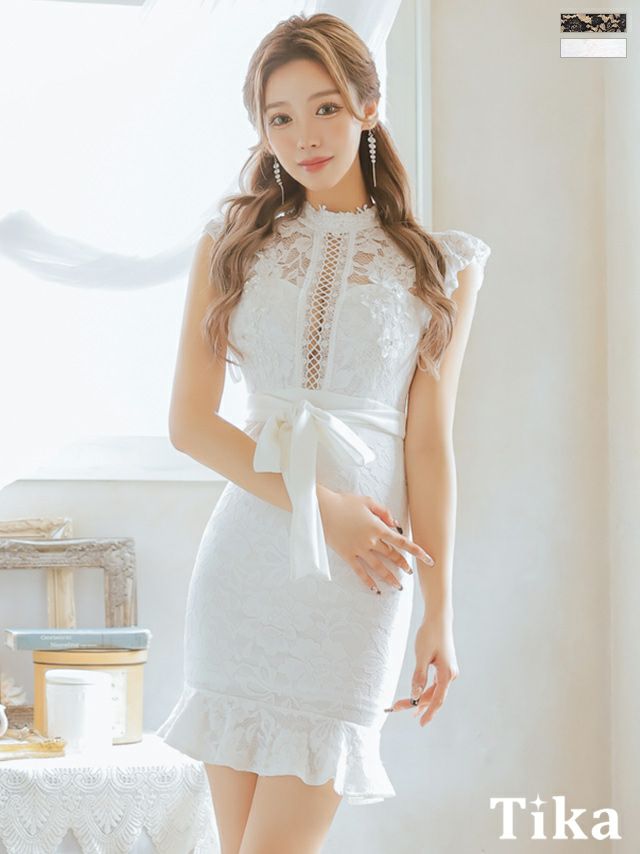 キャバドレス ミニ丈 大きいサイズ キャバクラ ワンピース フラワー総レースハイネックノースリーブウエストリボン裾フリルタイトミニドレス